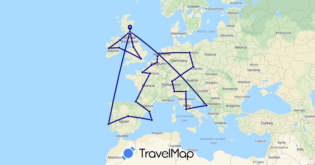 TravelMap itinerary: driving in Belgium, Switzerland, Czech Republic, Germany, Spain, France, United Kingdom, Croatia, Ireland, Italy, Netherlands, Portugal (Europe)